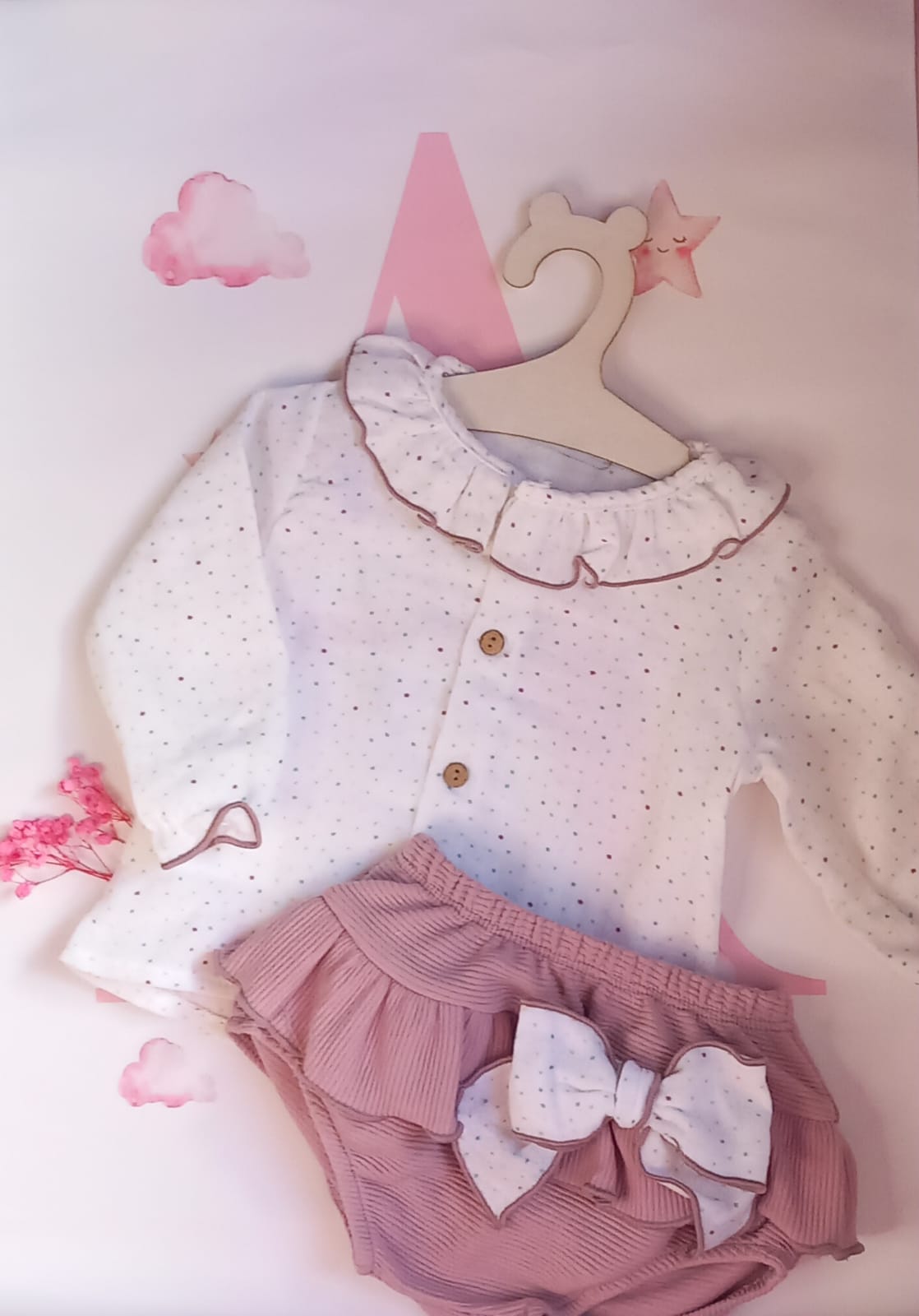 Conjunto pololo bebé rosa lazo - Talla 6 meses - Little Abril